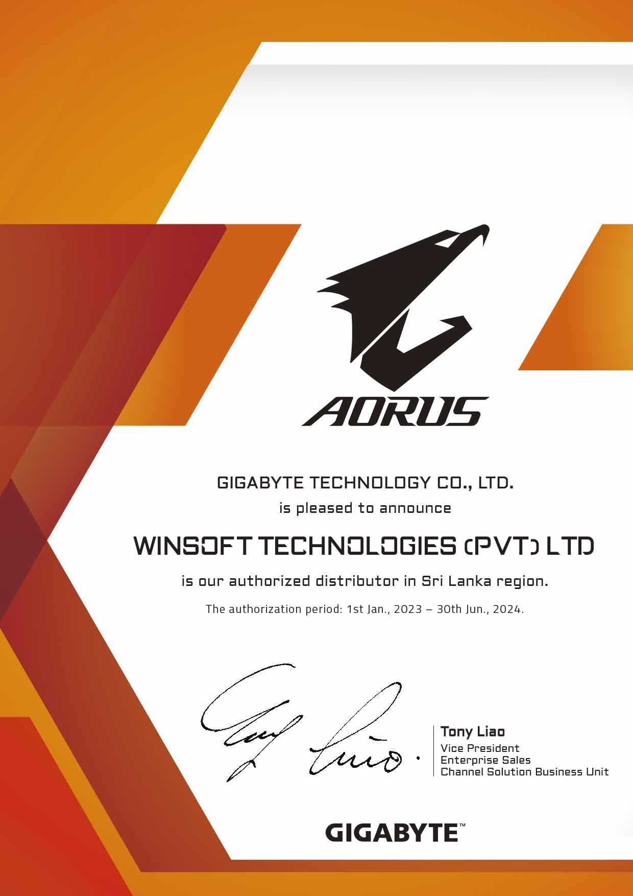 certificate for WINSOFT 3